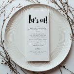 Menu Vamos Comida no casamento com a inscrição de pince<br><div class="desc">Adicione um toque de estilo à sua recepção de casamento ou a qualquer celebração com o nosso Menu de Letra de Pincel Branca Moderno. Apresentando letras arrojadas em pincel e um design minimalista elegante, este menu é perfeito para casais, festas de aniversário ou qualquer pessoa que queira adicionar um talento...</div>