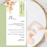 Menu Verde e Pêssego Personalizado com o Nome de Convid<br><div class="desc">Porquê gastar cartões de lugar e cartões de menu quando pode ter um Menu elegante All-in-one personalizado com cada nome de convidado! Design contemporâneo, simples e elegante com detalhes florais de cor d'água refinados numa bela mistura de pêssego, laranja, pincel, rosa poeirento, creme e matizes de champanhe. Elementos modernos de...</div>