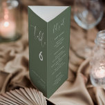 Menu Verde Elegante Sage Escuro Triplo da Tabela<br><div class="desc">Menu de casamento triplo e número da mesa: tudo em um, basta dobrar a folha de papel em 3 para obter o menu de pé. Uma tipografia moderna e uma paleta verde de senso de tendências para a sua papelaria de casamento: escolha esta suíte de casamento simples e elegante. Totalmente...</div>