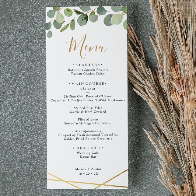 Menu Verde Eucalyptus com Casamento Geométrico Dourado (Criador carregado)