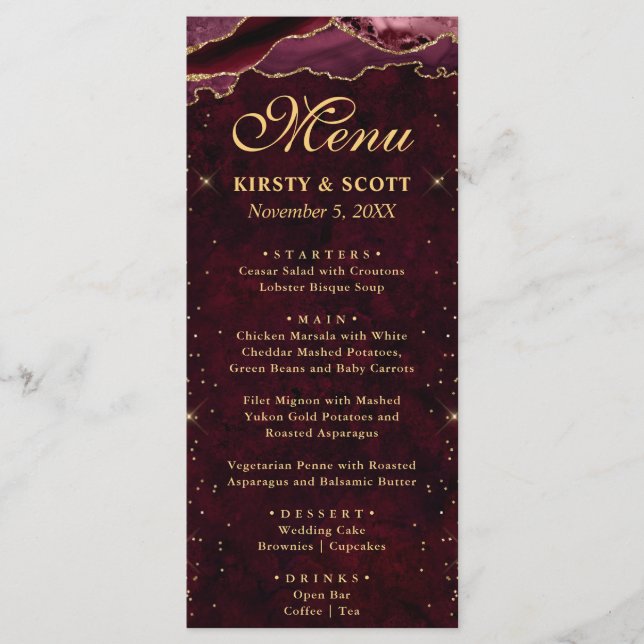 Menu Vermelho e Dourado Falso Brilho Ágata Casamento (Frente)