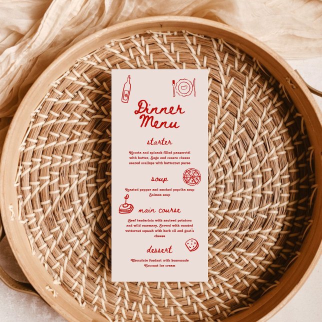 Menu Vermelho e Rosa Retro Ilustrado | Jantar Casamento (Criador carregado)