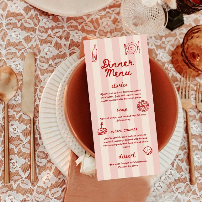Menu Vermelho e Rosa Retro Ilustrado | Jantar de Casame (Criador carregado)
