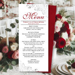 Menu Vermelho Elegante com espirais de prata no casamen<br><div class="desc">Este belo menu irá adicionar algum estilo à sua recepção de casamento. Apresenta um belo design com ornamentado de folha de folhas de cinza prateada e espirros num fundo branco clássico, com texto vermelho de cor crimson e um fundo marmoreado. Há espaço para os nomes do casal e da data...</div>