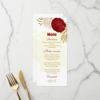 Menu vermelho escuro e flores brancas casamento botânic