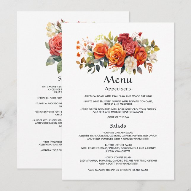 Menu Vermelho, Laranja e Floral Salvia (Frente/Verso)