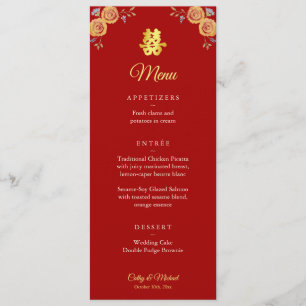 Menu Vermelho laranja floral Chinês dupla felicidade
