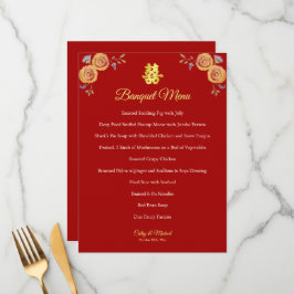 Menu Vermelho laranja floral Chinês dupla felicidade