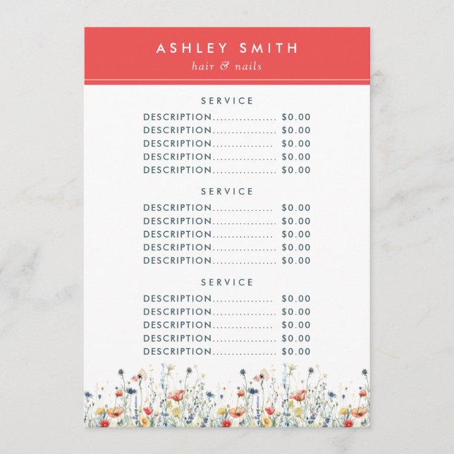 Menu Vibrant Wildflower Price (Frente)