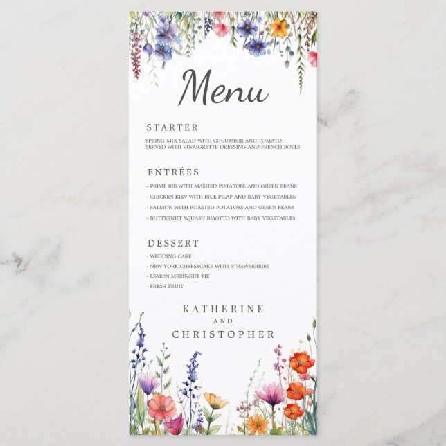 Menu Vibrantes Flores Silvestres Aquarela Casamento Ele (Frente)