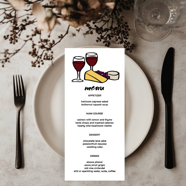 Menu Vinho e Queijo Cachorro Esboço Moderno PERSONALIZA (Wine & Cheese Cute Doodle Sketch Modern CUSTOM Menu
)