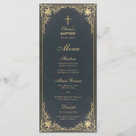 Menu Vintage Baptism Boy Blue Dourado Caligrafia Elegan