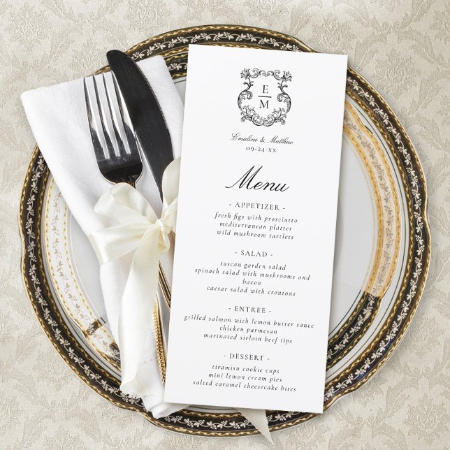 Menu Vintage Barroco Monograma Casamento de Crest (Criador carregado)