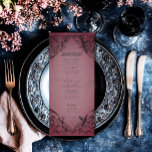 Menu Vintage Bat Até O Casamento Da Morte<br><div class="desc">Elevem seu casamento gótico com um cardápio de casamento inspirado na Vitoriana que exude elegância e mistério do eterno. Projetado para se assemelhar a uma antiga ligação a um livro, este design impressionante apresenta um intrincado filigre negro de lacey em uma vintage, angustiada fundo burgundy, evocando o charme de uma...</div>