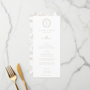 Menu Vintage Beige Crest Monograma Floral Casamento