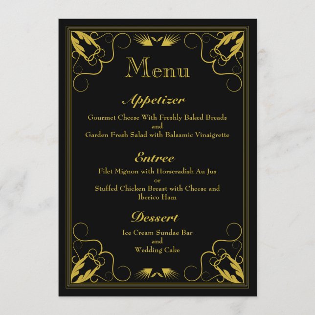 Menu Vintage Black Gilded Age Casamento (Frente)