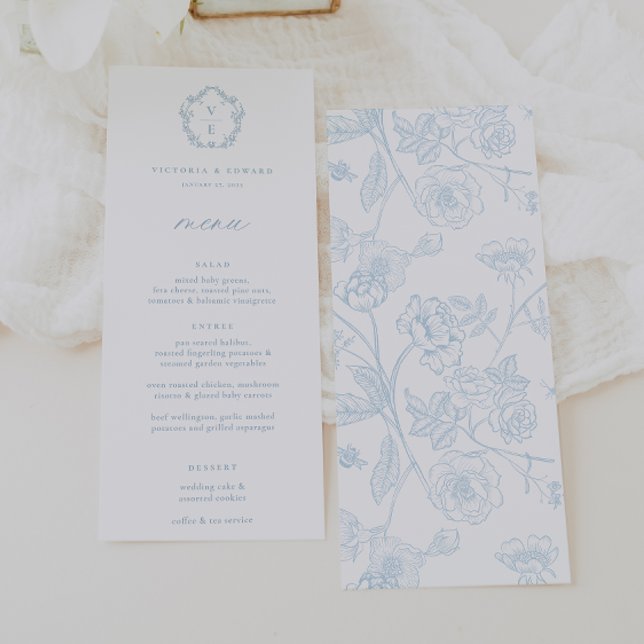 Menu Vintage Blue Monograma Crest Floral Casamento (Criador carregado)
