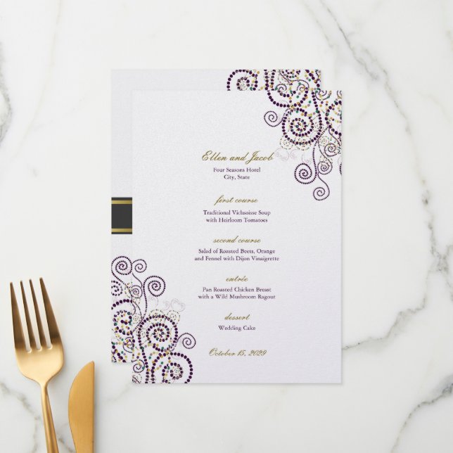 Menu Vintage Boho Purple Spirals Casamento Moderno (Frente/Verso In Situ)