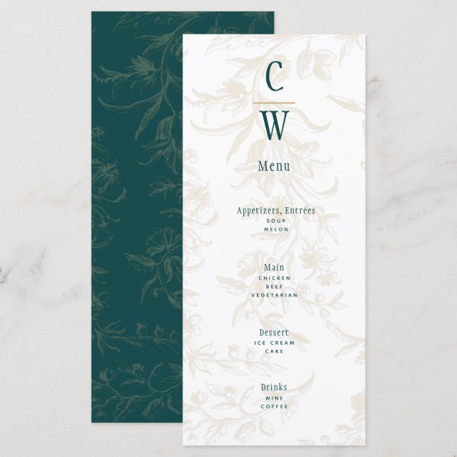 Menu Vintage BOTANICAL TEAL DOURADO Casamento (Frente/Verso)