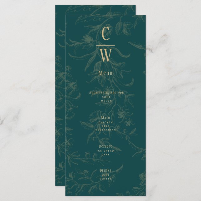 Menu Vintage BOTANICAL TEAL DOURADO Casamento (Frente/Verso)
