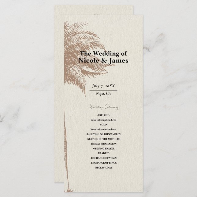 Menu Vintage Brown Palm Tree Beach Weding Program (Frente/Verso)