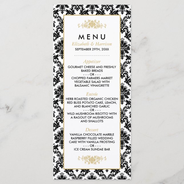 Menu Vintage Dourado, Preto e Branco Casamento tem (Frente)