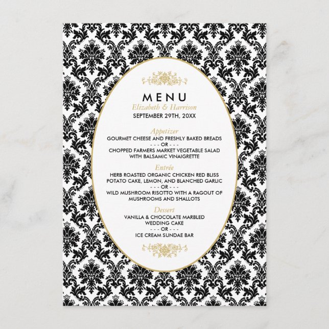 Menu Vintage Dourado, Preto e Branco Casamento tem (Frente)
