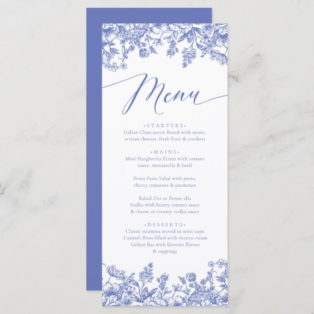 Menu Vintage Dusty Blue Floral Chinoiserie Botânica (Frente/Verso)
