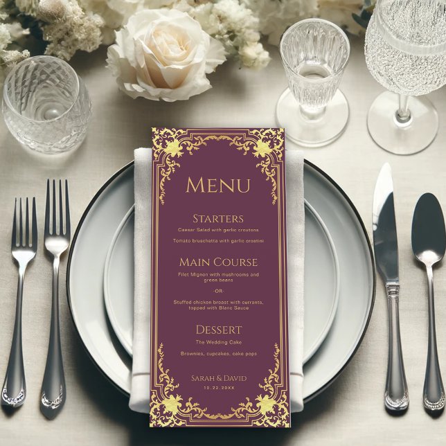 Menu Vintage Elegant Wine Color Faux Gold Wedding  (Criador carregado)