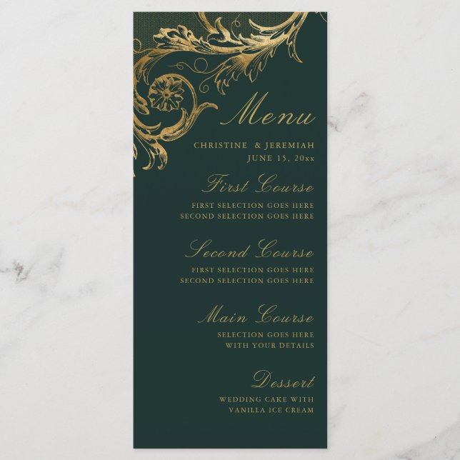 Menu Vintage Emerald Green Dourado Casamento tema damas (Frente)