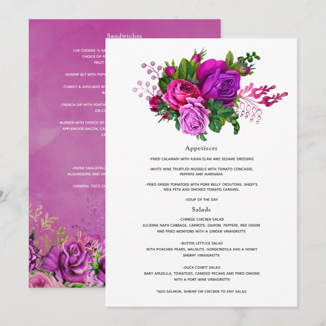 Menu Vintage Fuchsia e Purple Floral Wedes (Frente/Verso)