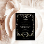 Menu Vintage Garden Black | Casamento Colorido Luxe<br><div class="desc">Estes cartões de cardápio de casamento ou cartões de janto de ensaio, incríveis e bonitos, apresentam um estilo antigo, enquanto barroco barroco ilustrado com flores coloridas e folhas em tons sutis de pêssego, rosa, roxo, verde e neutrais em um fundo preto. Um olhar caprichoso que também lembra o estilo Art...</div>