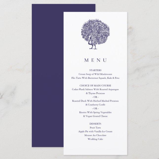 Menu Vintage Illustração Blue Peacock Casamento (Frente/Verso)