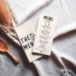 Menu Vintage Mão Desenhada Retro Casamento Único Quirky<br><div class="desc">Um menu janto de casamento preto e branco, cor retrógrado e moderno. Que apresenta modelo design de chic de fundo leitoso cremoso e tipografia escrita à mão preta. Com champanhe desenhado à mão e óculos de vinho na frente e comida desenhada à mão atrás. Perfeito e compatível com toda a...</div>