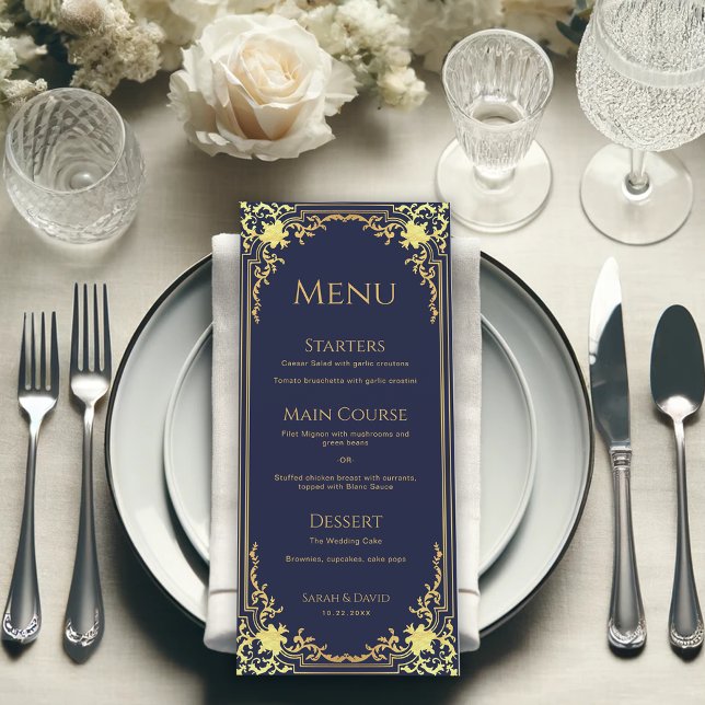 Menu Vintage Marinho Azul Faux Dourado Casamento Elegan (Criador carregado)