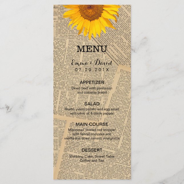 Menu Vintage Newspaper Country Sunflower WedMenu (Frente)