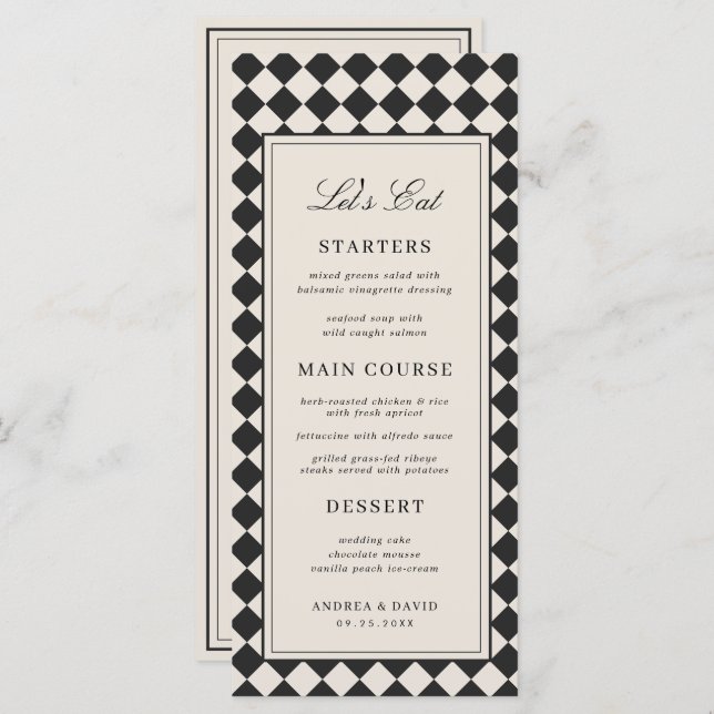 Menu Vintage Old Money Preppy Checkered Retro Wedding (Frente/Verso)