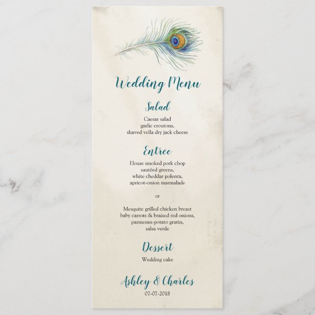 Menu Vintage Peacock Feather Elegante Boho Teal Weding (Frente)