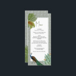 Menu Vintage Peacock Feather Tropical Greenerice Casame<br><div class="desc">Um design de pássaro de pavão vintage com verde tropical e fundo cor damasco. Este design é ideal para todas as estações. Um elegante design de aquarela num tema contemporâneo. Um design de cardápio de casamento clássico com penas de pavão gloriosas e elementos modernos. Os convites de casamento e outros...</div>
