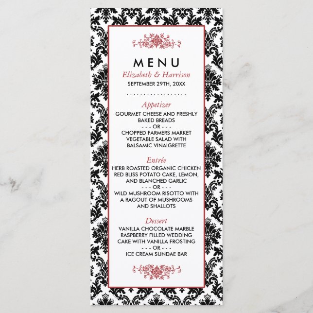 Menu Vintage Red, Black & White Casamento tema dam (Frente)