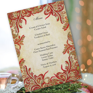 Menu Vintage Red Gold Touch of Green Peacock Paisley