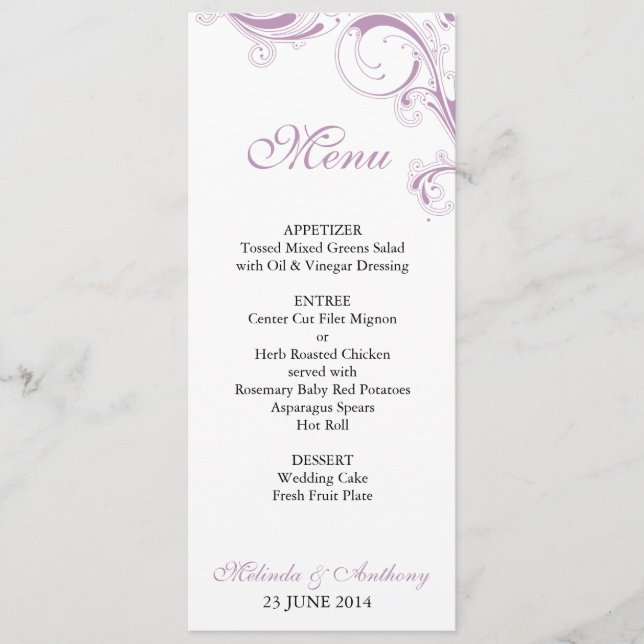 Menu Violet do Swirl de Filigree (Frente)