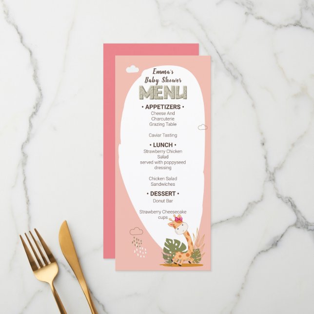 Menu Watercolor Baby Giraffe, Chá de fraldas (Frente/Verso In Situ)