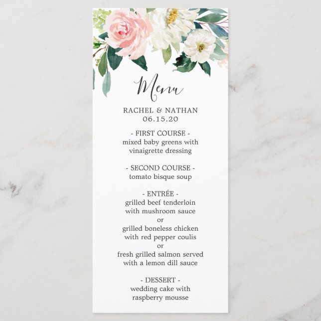 Menu Watercolor Blush Pink & White Bloom Floral Wedding (Frente)