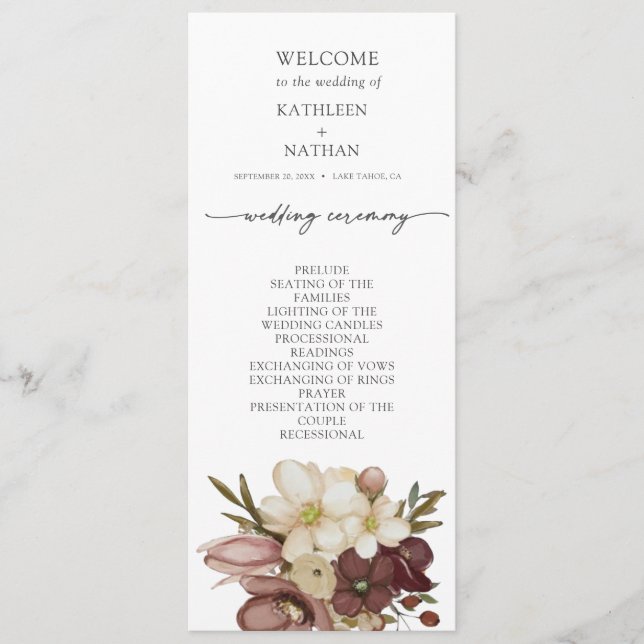 Menu Watercolor Boho Neutral Wedding Program (Frente)