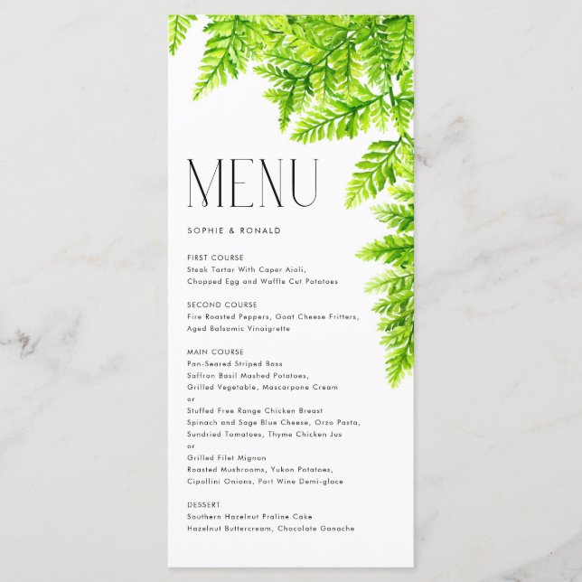 Menu Watercolor Chartreuse Green Fern Deixa Casamento (Frente)
