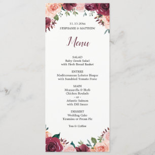 Menu Watercolor Floral Blush Burgundy Rosas Casamento