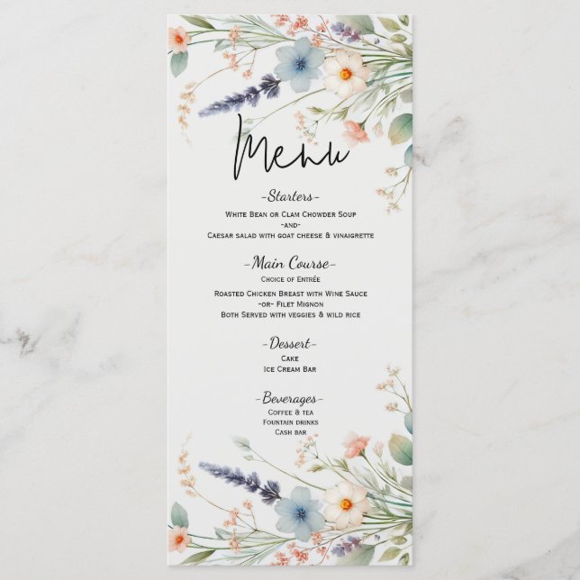 Menu Watercolor Floral Wildflower Spring WedMenu (Frente)