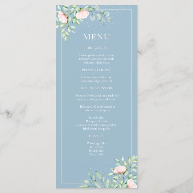 Menu Watercolor Greenery Peach Rosas Dusty Blue Weding (Frente)
