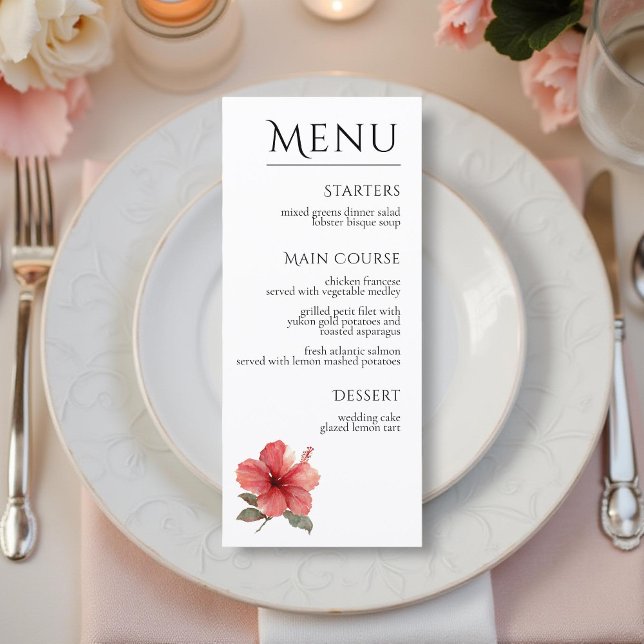 Menu Watercolor Hibiscus Flower Tropical Aloha Wedding  (Criador carregado)